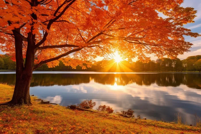 秋天在湖边的树叶红了摄影图(4032x2688)