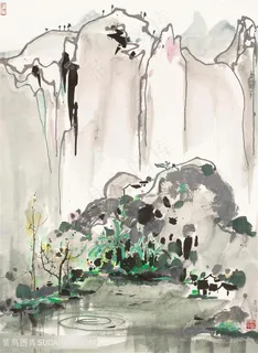 吴冠中手绘唯美水墨山脉湖畔美景装饰画