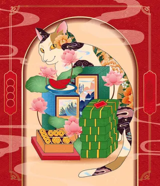 手绘猫年财神猫背景