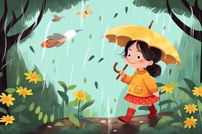 春天下雨天小女孩拿着雨伞在森林里漫步绿色黄色手绘插画海报素材背景(5376x3584)