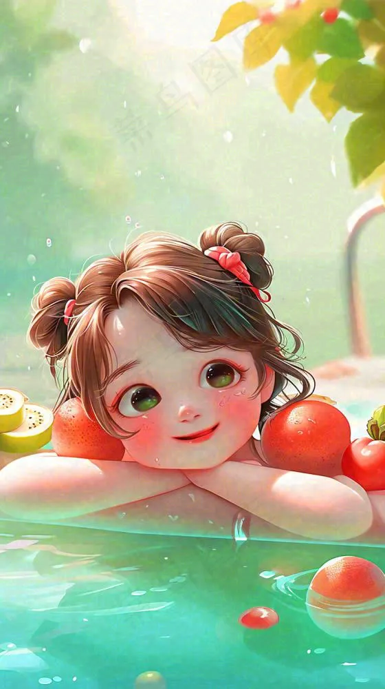 夏日清爽游泳儿童戏水，水果西瓜清凉，夏至大暑小暑(816x1456)