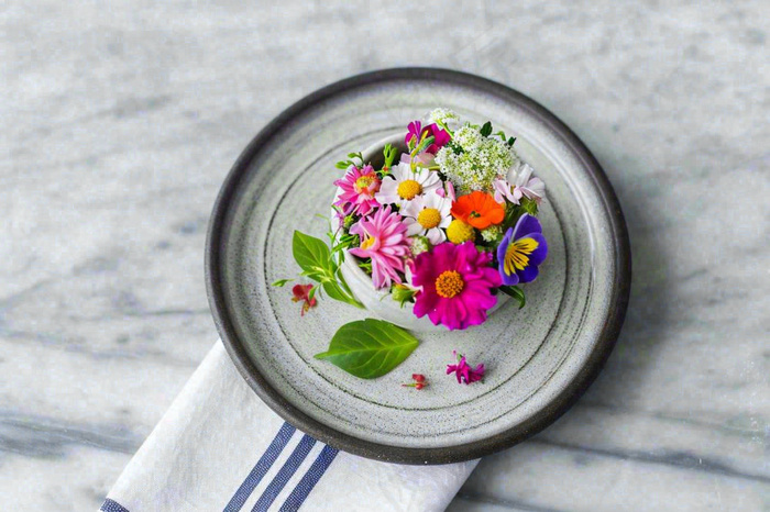 鲜花彩色花朵碟子摆盘简约摄影图