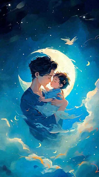 父爱如山父亲节温情亲情爱意深蓝唯美星光手绘插画