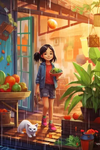 女孩雨天小猫游艇游玩插画背景