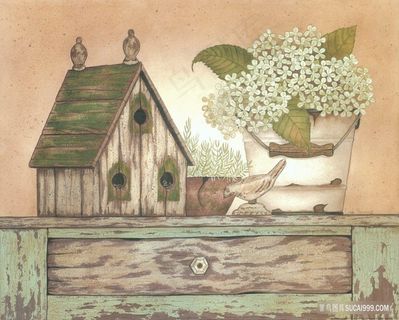 唯美小木屋柜台花卉插画