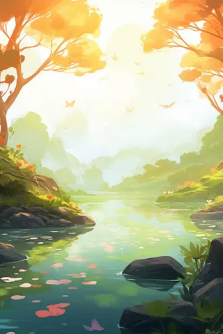 黄绿色荷花池温馨插画背景