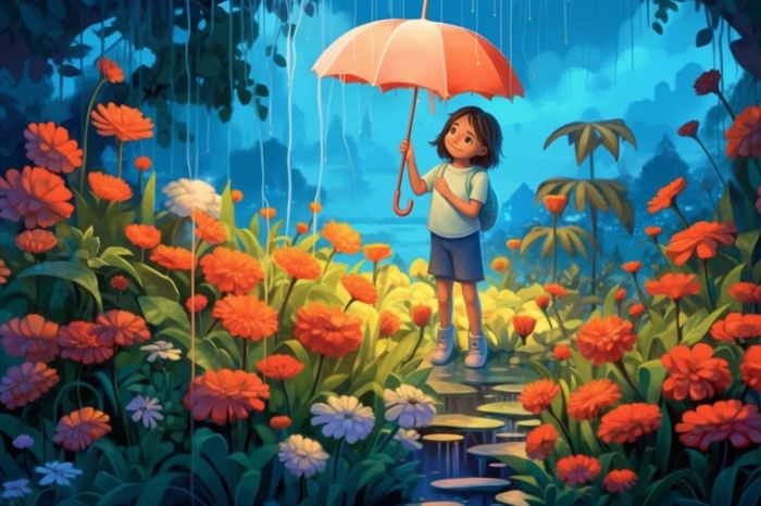 雨天女孩花海背景(1344x896)