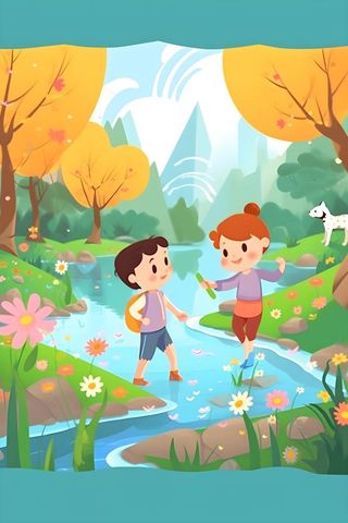 儿童孩子们大自然草原森林游玩卡通背景