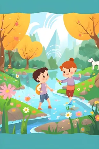 儿童孩子们大自然草原森林游玩卡通背景