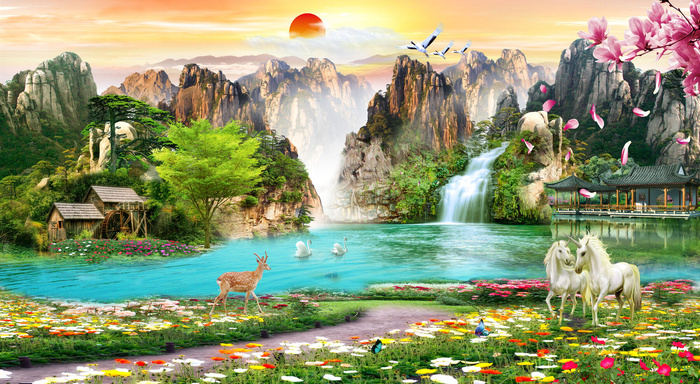 流水生财小鹿花园小鹿风景