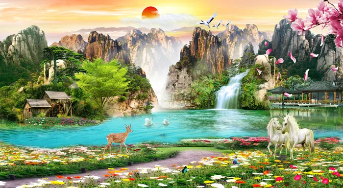 流水生财小鹿花园小鹿风景