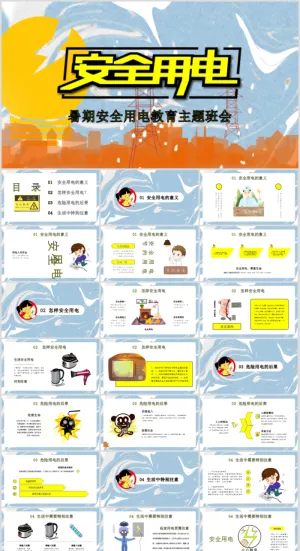 安全用电卡通教育清新活泼卡通ppt素材预览图