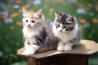 两只可爱的猫咪趴着花丛木箱上摄影图