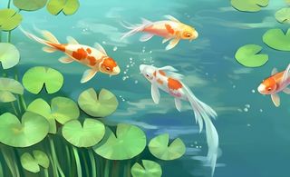 荷花池里金鱼插画背景