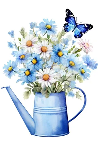 蓝色洒水桶的蓝色小花蝴蝶插画免抠