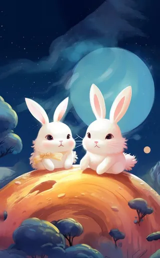 中秋月亮玉兔卡通插画海报背景