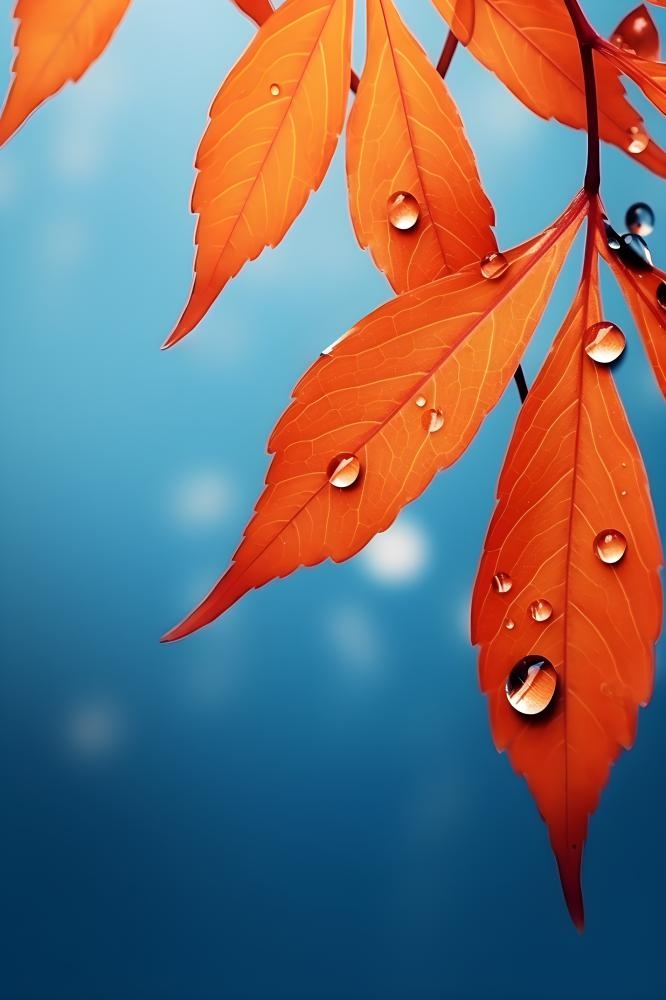 秋天枫叶雨水露珠清新背景