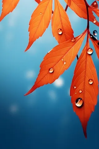 秋天枫叶雨水露珠清新背景