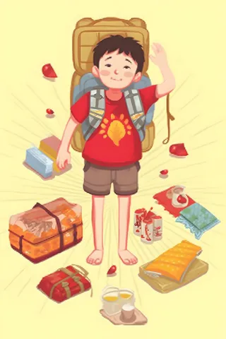 背着大背包的男孩出游黄色背景