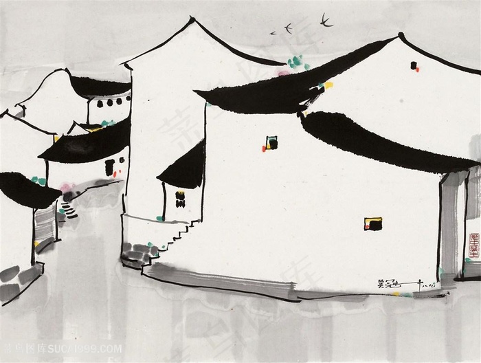 吴冠中手绘水墨乡村房子装饰画