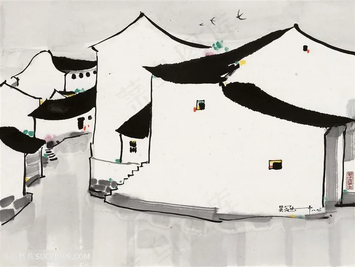 吴冠中手绘水墨乡村房子装饰画