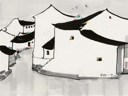 吴冠中手绘水墨乡村房子装饰画 吴冠中手绘水墨乡村房子装饰画