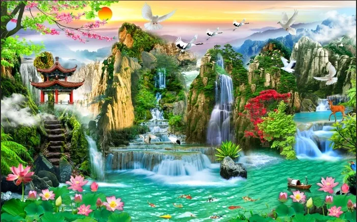 流水生财山水荷花九鱼背景psd模版下载