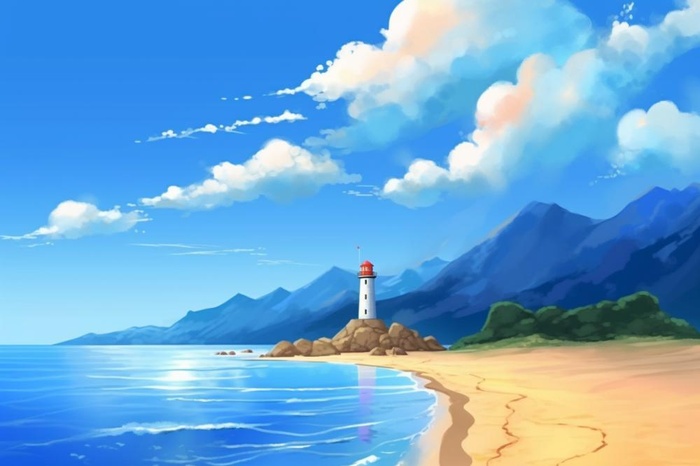 夏日阳光沙滩海浪蓝色插画背景(1344x896)