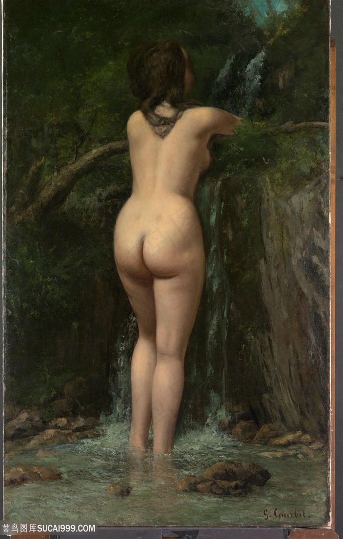 裸背美女源头流水风景画油画图片