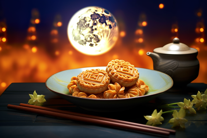 中秋月圆夜晚下餐桌上的美食月饼摄影图(4032x2688)
