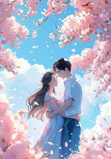 爱情情侣拥抱情人节浪漫粉色花朵，蓝天白云