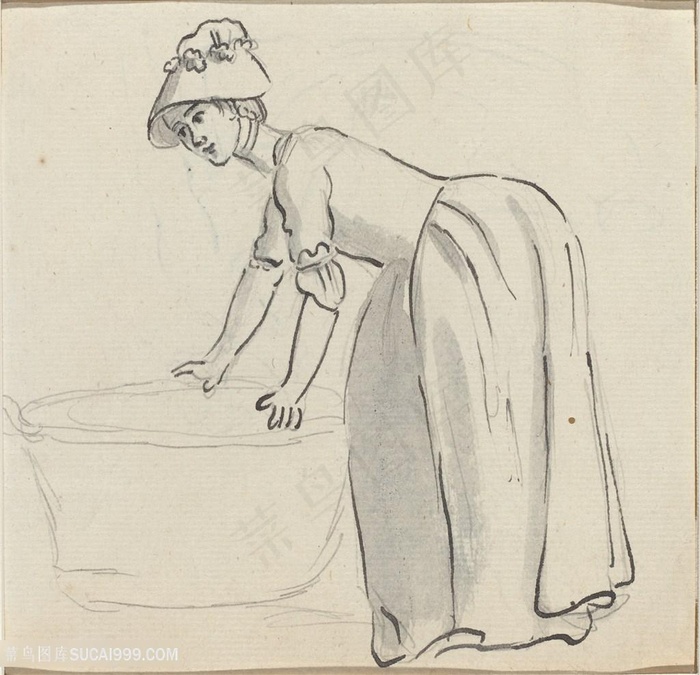 手绘村妇水缸装饰画