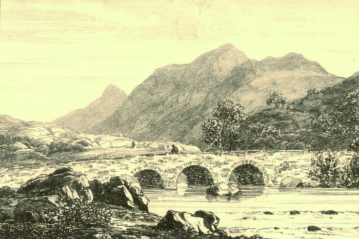 素描拱桥山脉风景画