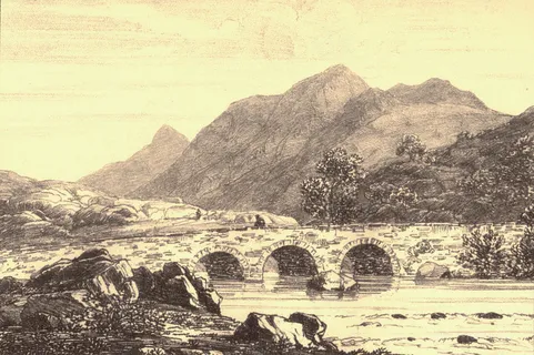 素描拱桥山脉风景画 素描拱桥山脉风景画