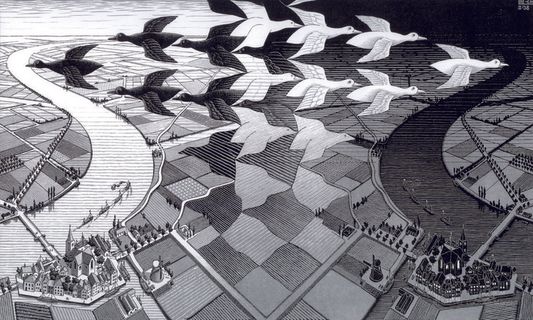 大雁田园风景画插画