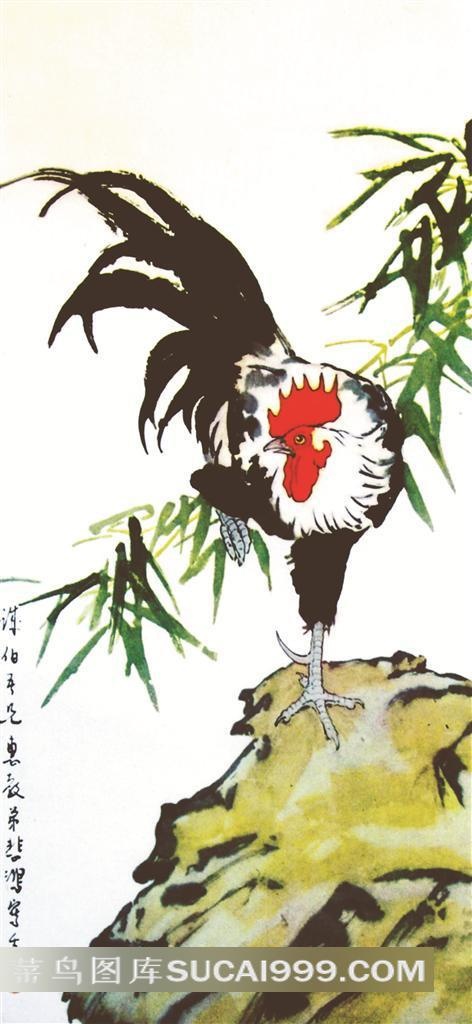 公鸡石头竹子中国画水彩画水墨画