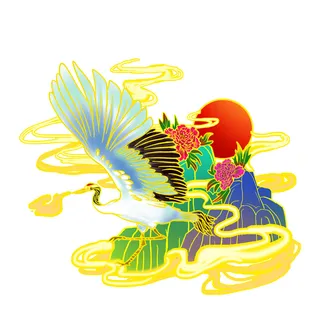 中国风国潮仙鹤山水插画手绘元素场景PSD设计素材