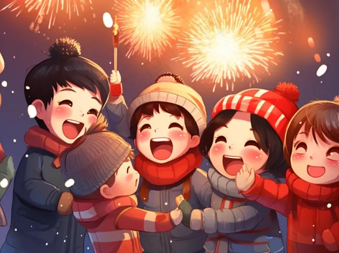 新年除夕放烟花爆竹的孩童庆祝新年喜庆卡通插画背景(1264x944)