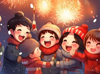 新年除夕放烟花爆竹的孩童庆祝新年喜庆卡通插画背景