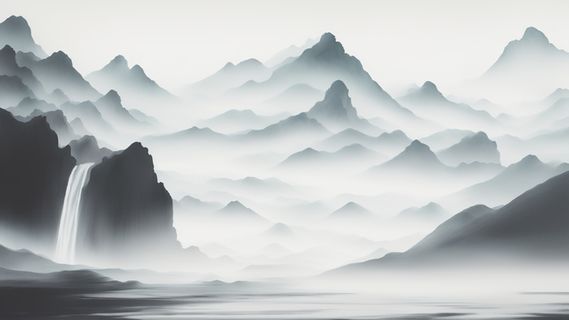 大气写意中国传统水墨画山水插画壁纸-瀑
