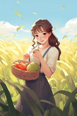 秋天少女抱着成熟的瓜果在菜园里卡通插画素材