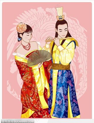 古典花纹背景-恩爱的夫妻王爷与王妃