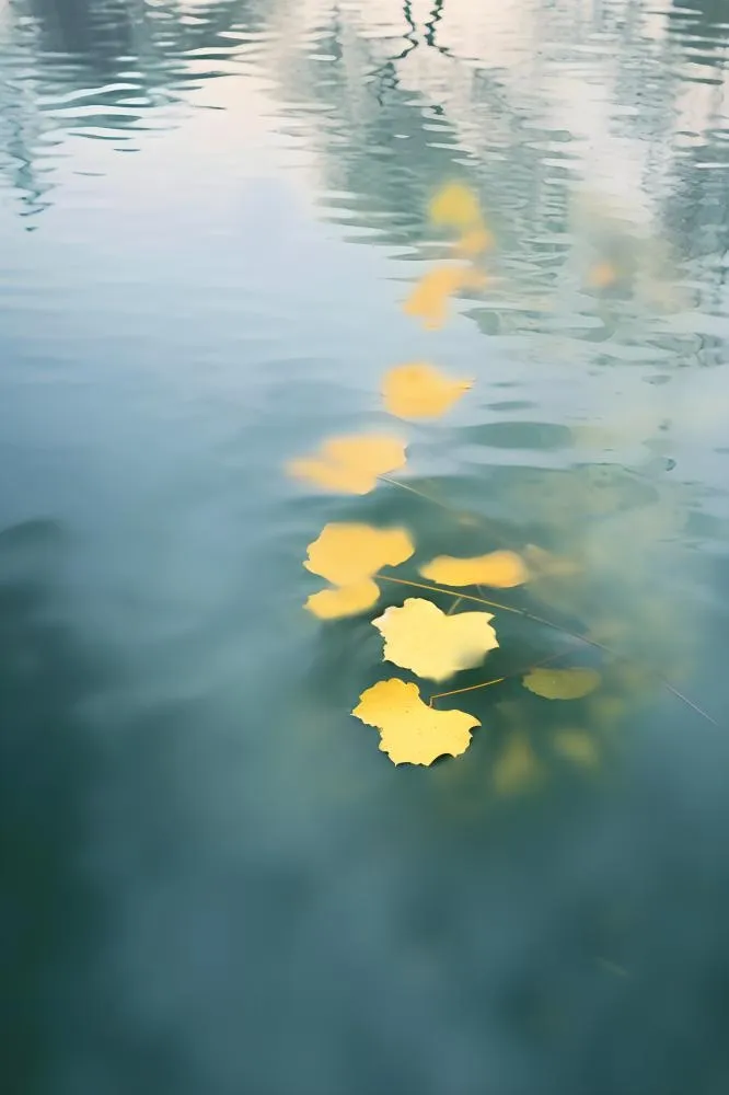水面黄色秋叶树叶意境背景(2400x3600)