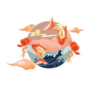 手绘国潮古风喜庆铜钱锦鲤鱼金鱼荷花插画场景装饰PSD设计素