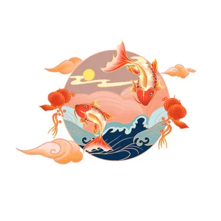 手绘国潮古风喜庆铜钱锦鲤鱼金鱼荷花插画场景装饰PSD设计素