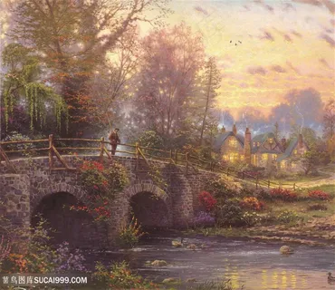 水彩树林拱桥风景画油画插画装饰画 水彩树林拱桥风景画油画插画装饰画