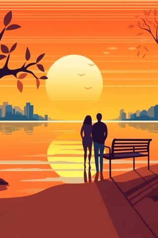 夕阳晚霞日楼情侣剪影橘红背景