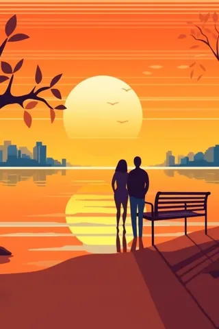 夕阳晚霞日楼情侣剪影橘红背景