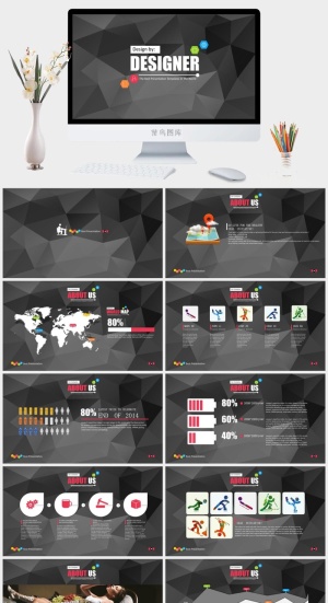 商务灰低面背景扁平化简约工作汇报ppt模板预览图
