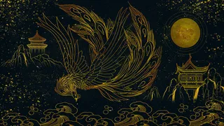 复古中国风国潮手绘烫金仙鹤锦鲤凤凰建筑黑金线描插画PS设计素材